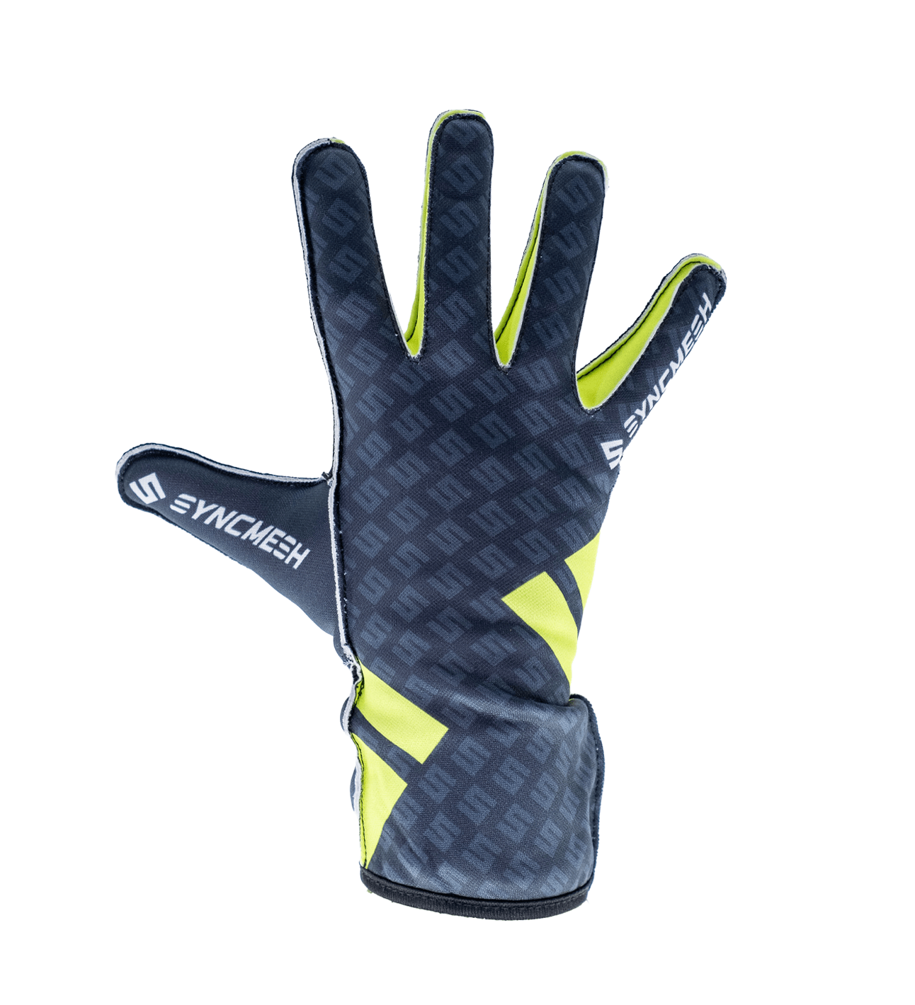 Sport glove in dark blue with neon yellow accents, textured pattern, shown from the back with fingers spread.