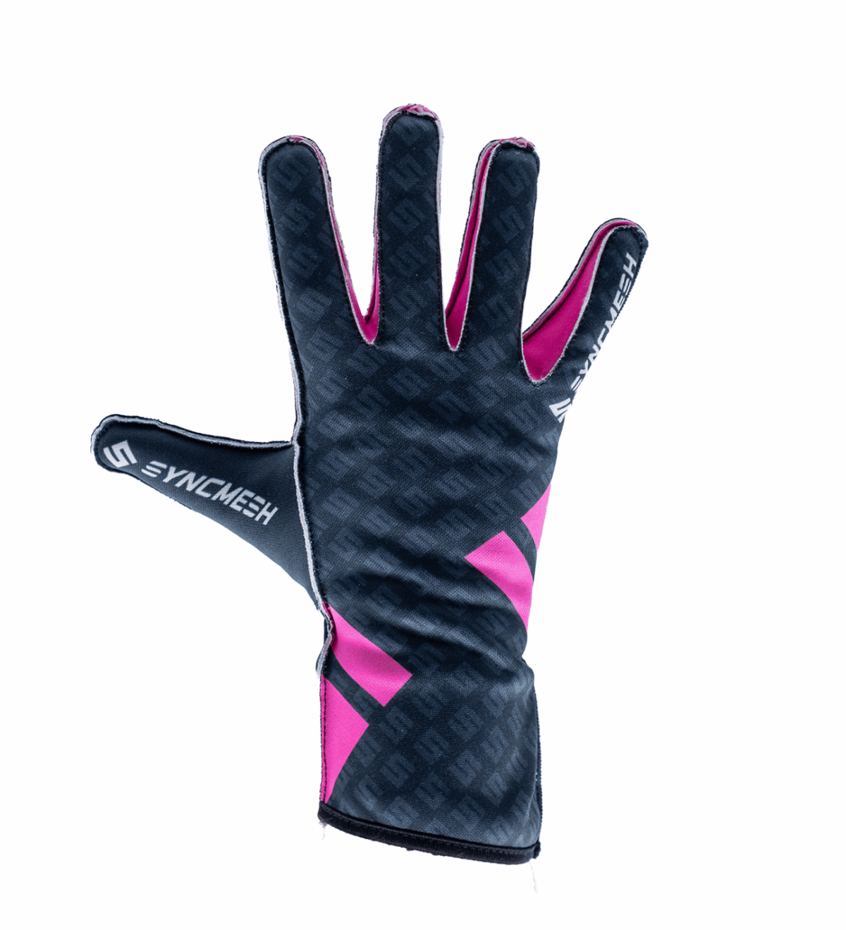 THE GRIP M3 VOID-back - Syncmesh Back of a dark blue cycling glove with pink accents and brand text on the cuff, worn on a raised hand.