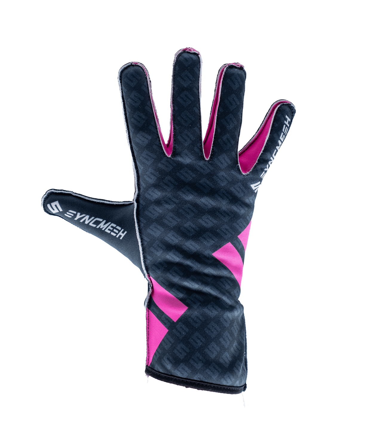 Back of a dark blue cycling glove with pink accents and brand text on the cuff, worn on a raised hand.
