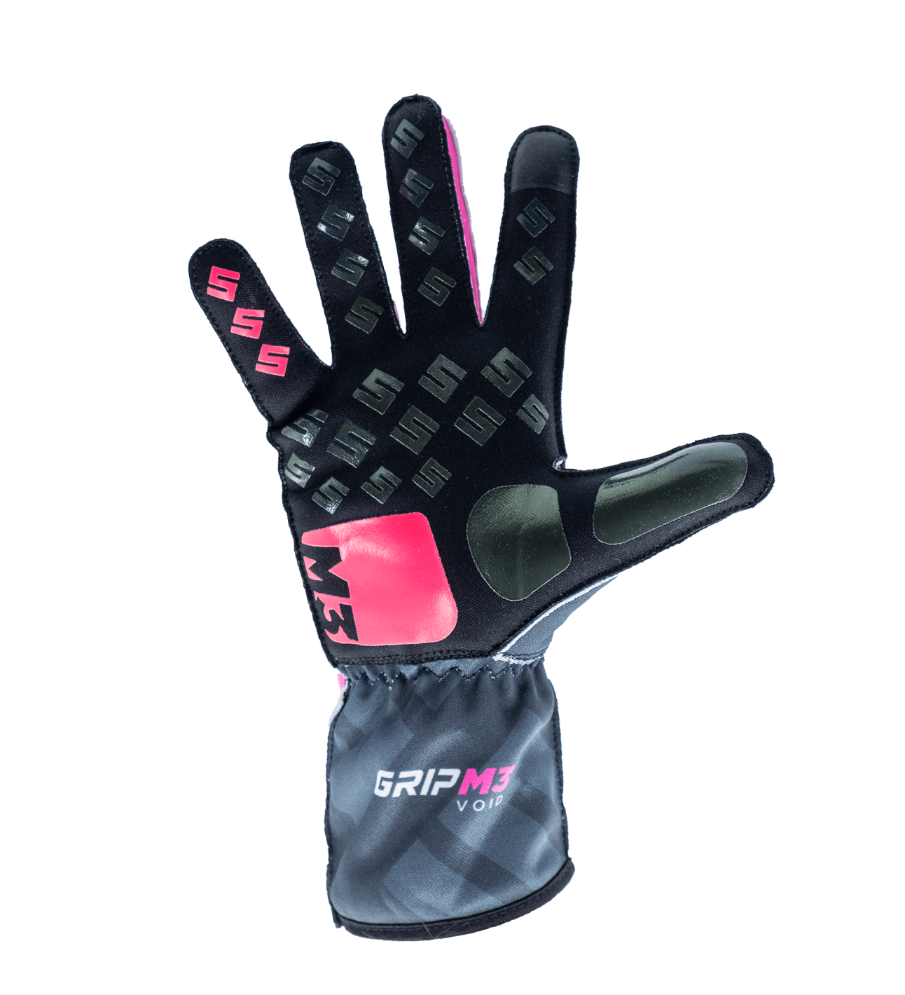 Black athletic glove with pink accents and repeating logo pattern, showing back of hand and grippy pads on palm area (GRIP M3 VOID).