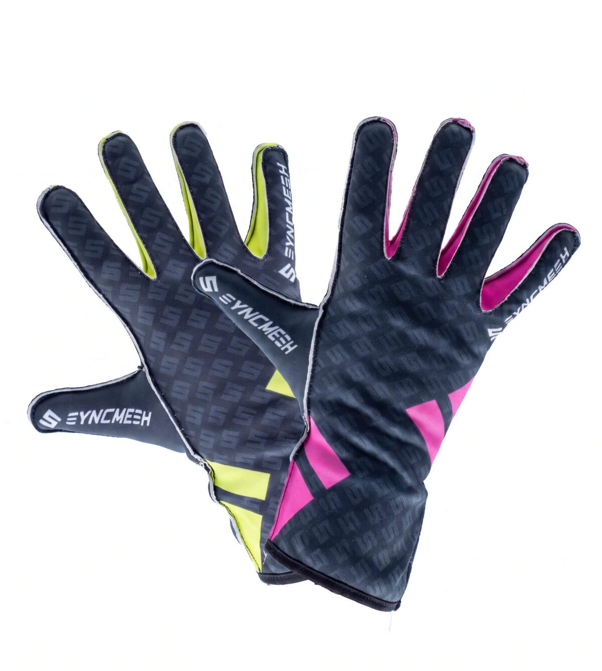 Outstretched black winter gloves with neon lime and pink trim arranged in a fan shape against a white background, brand text visible.