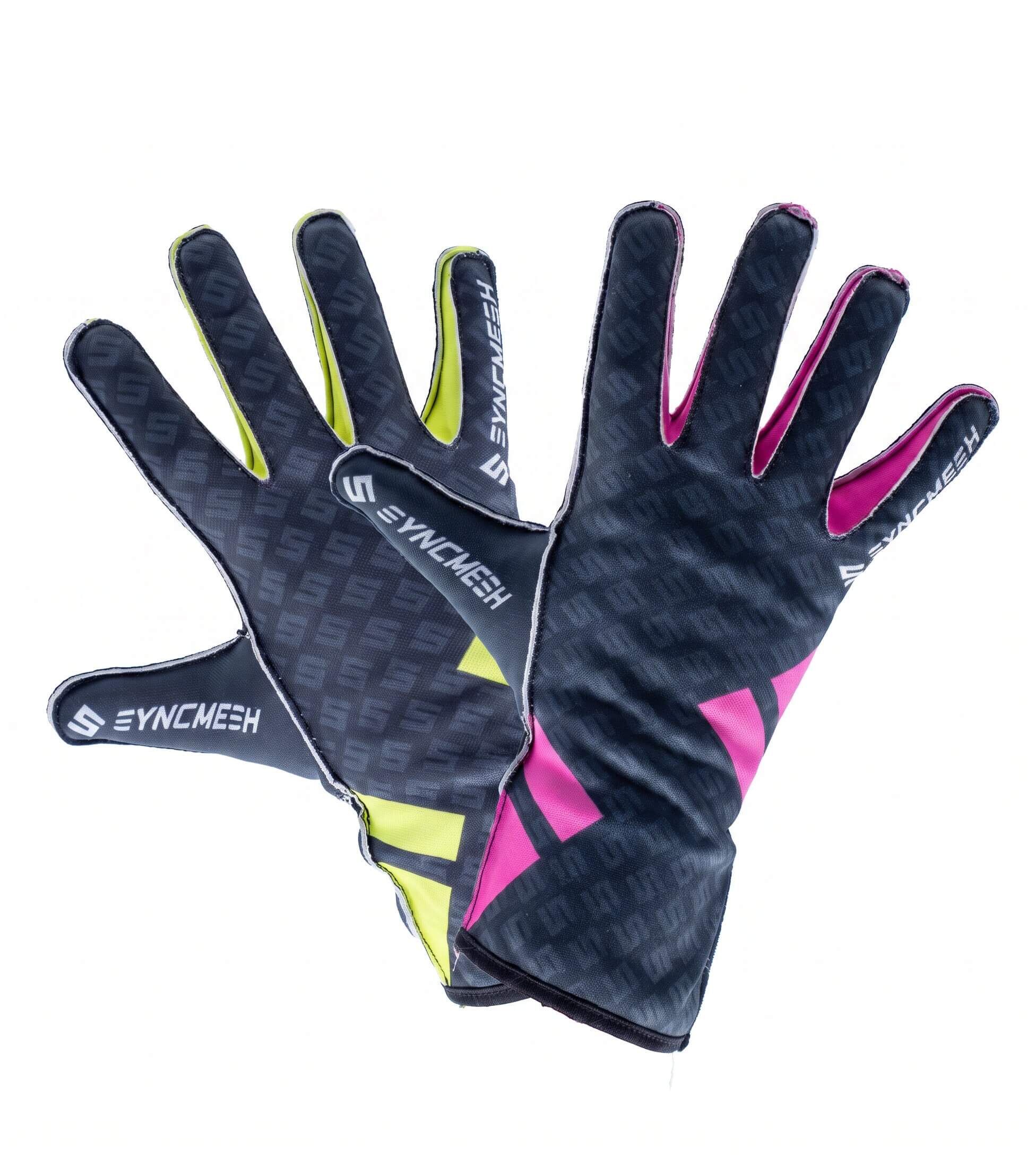 Outstretched black winter gloves with neon lime and pink trim arranged in a fan shape against a white background, brand text visible.