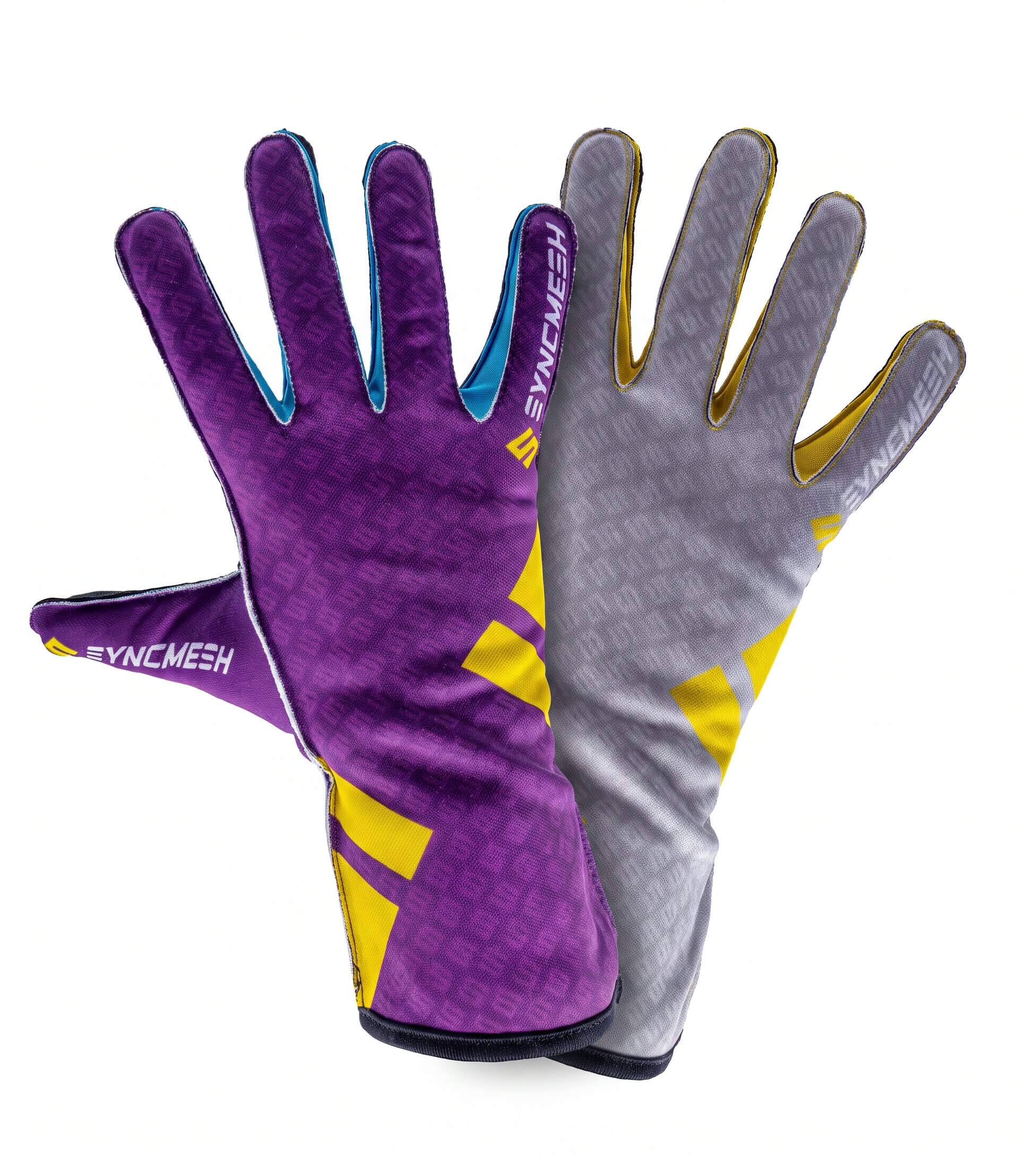 Pair of winter gloves held up against a white background: left glove purple with blue trim, right glove gray with yellow accents.
